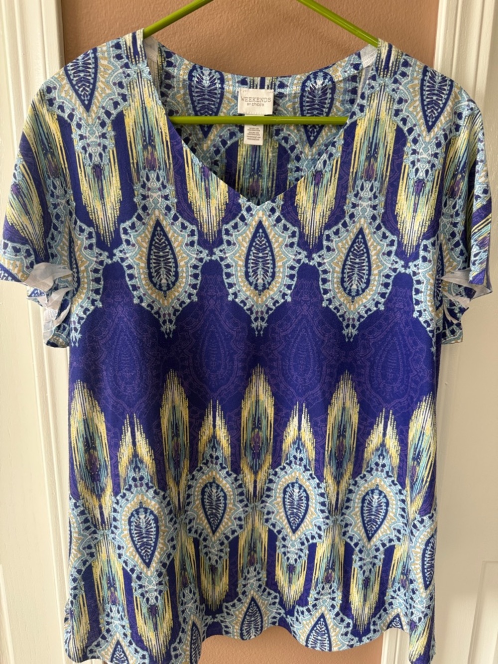 Chico's Blue, Yellow & Light Blue V-Neck Short Sleeve Top